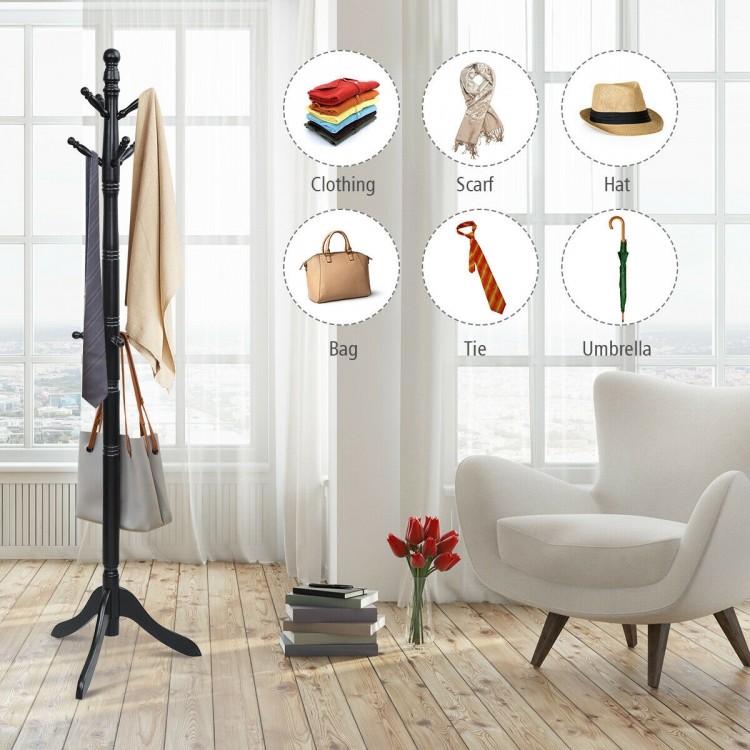 Free standing black wooden coat rack with 9 hooks, adjustable height, and sturdy tri-legged base for versatile use.