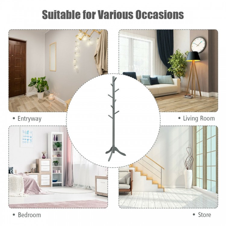 Adjustable gray wooden coat rack with 8 hooks and tri-legged base, perfect for entryway, living room, or bedroom use.