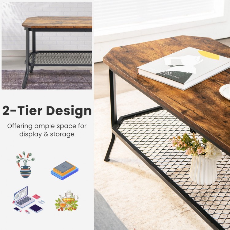 2-tier industrial coffee table with rustic brown octagonal tabletop and metal mesh shelf for living room storage and.