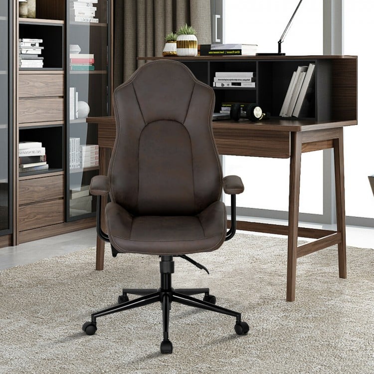 Brown high adjustable back executive office chair with armrests, ergonomic design, and 360° swivel for comfortable.