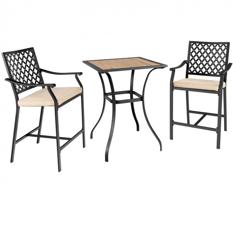 Patio square bar table with two chairs, featuring a sturdy steel frame and wood-like tabletop for indoor or outdoor use.