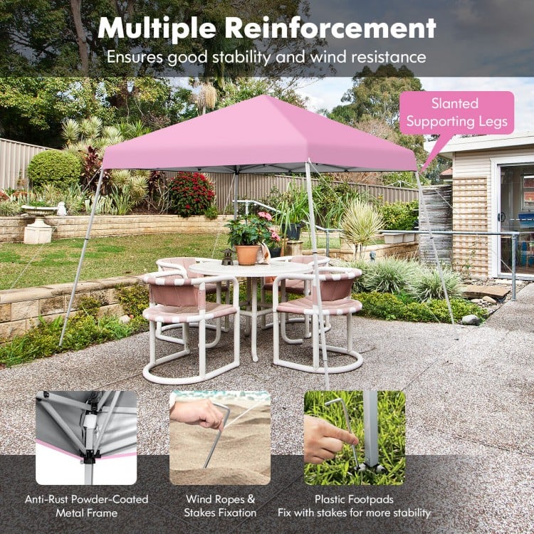 10 x 10 feet pink outdoor pop-up canopy with slanted legs, waterproof oxford fabric, ideal for parties and camping.