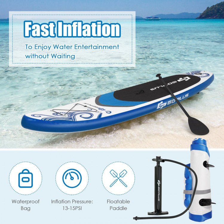 Inflatable paddle board with adjustable paddle, waterproof bag, and manual pump for easy transport and quick inflation.