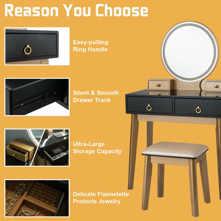 Makeup vanity table set in black with round LED mirror, four drawers, and solid wood legs for elegant storage solutions.