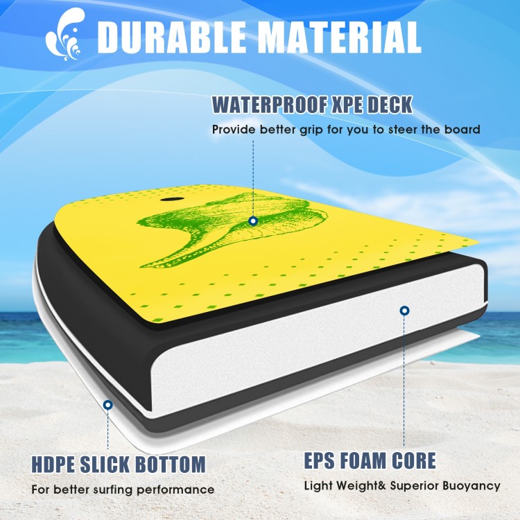 Close-up of the Super Lightweight Surfing Bodyboard-M featuring a waterproof XPE deck and HDPE slick bottom for.