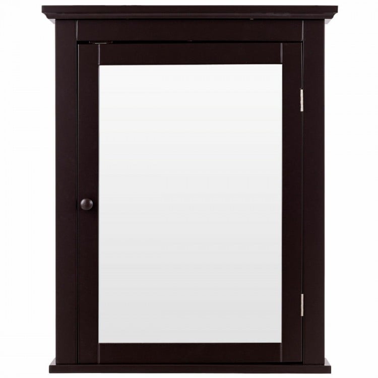Wall-mounted bathroom mirror cabinet in brown finish with 2-tier storage, ideal for organizing toiletries and linens.