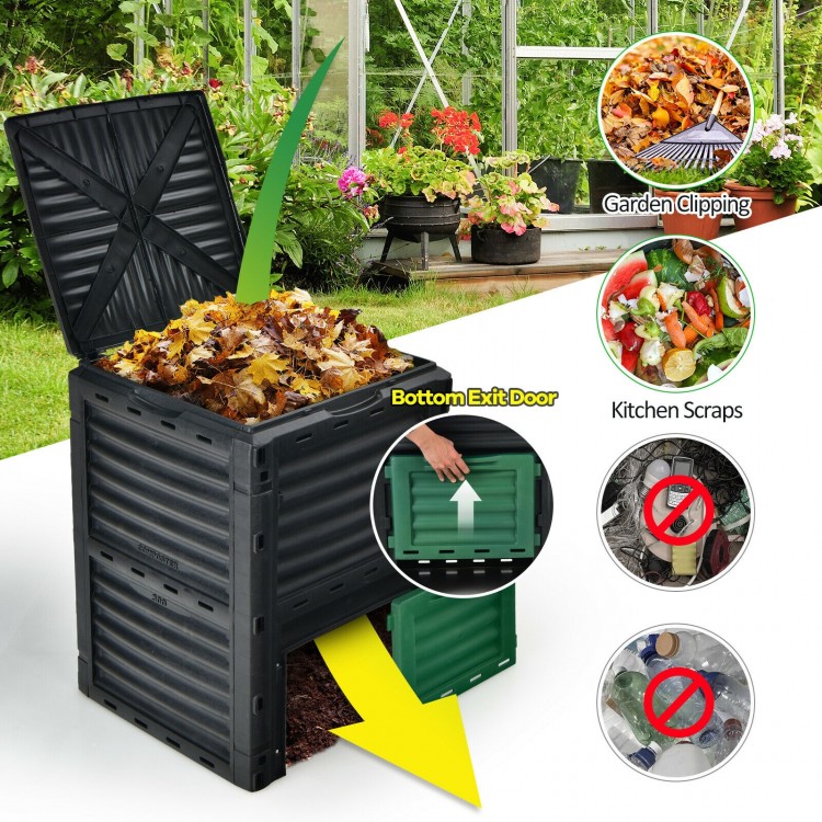 80-gallon outdoor composter with large openable lid and bottom exit door for easy access to compost and garden.
