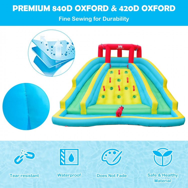Inflatable water park bounce house with double slide, climbing wall, and splash pool, made from durable 840D oxford.