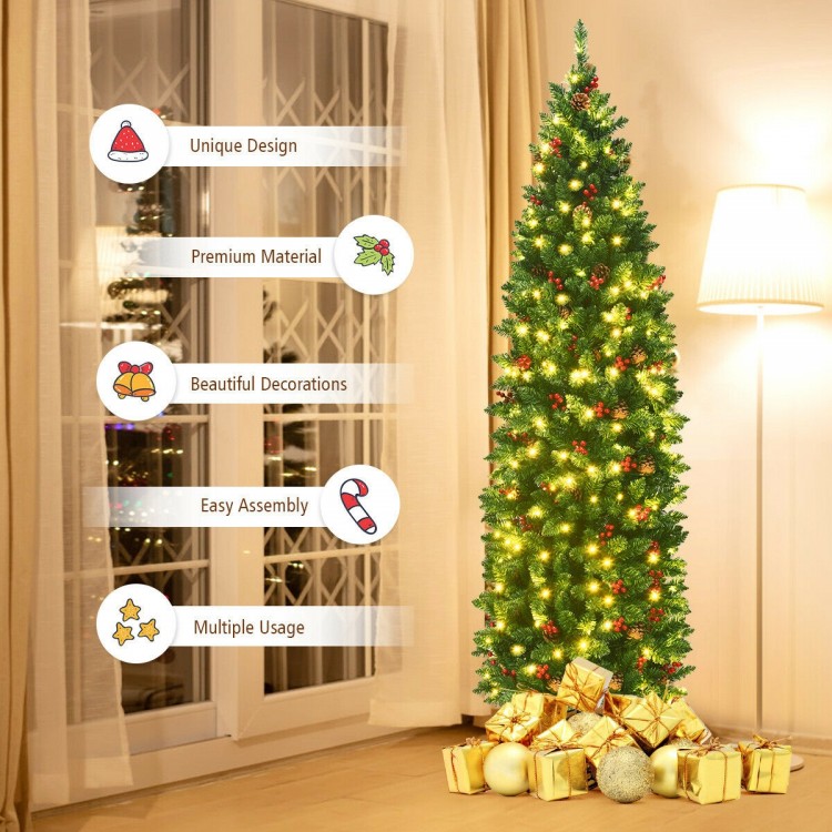 6.5 feet pre-lit hinged pencil Christmas tree with 250 LED lights, ideal for small spaces and festive decorations.