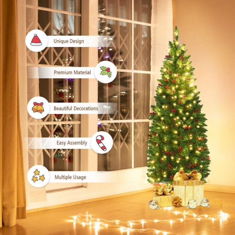 4.5 feet pre-lit hinged pencil Christmas tree with pine cones, red berries, and 150 lights for festive home decoration.