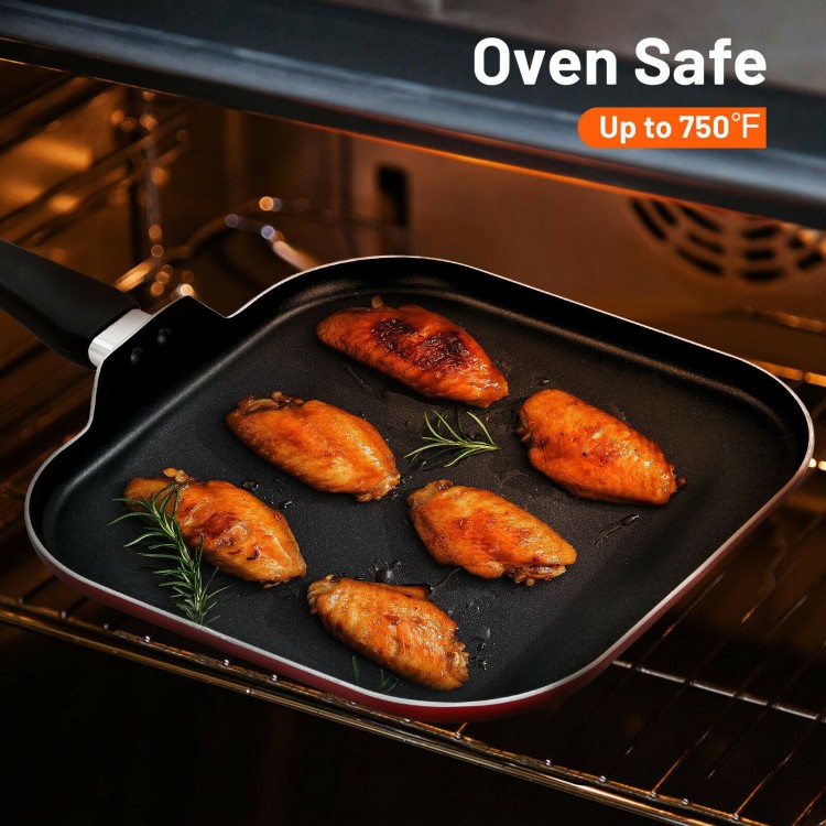 Square nonstick frying pan with chicken wings, made of hard anodized aluminum, oven safe up to 750°F for versatile.