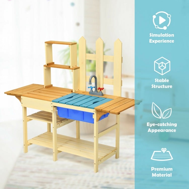 Kid's outdoor wooden pretend cook kitchen playset with blue basin, made of fir wood, ideal for imaginative play in the.