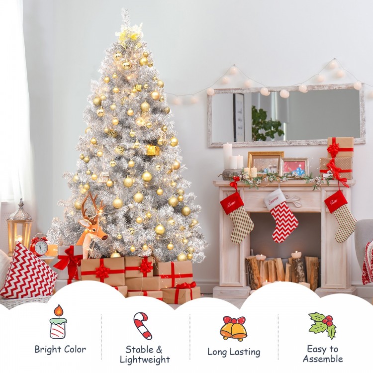 6 feet unlit silver tinsel Christmas tree with 1036 branch tips, perfect for indoor and outdoor holiday decoration.