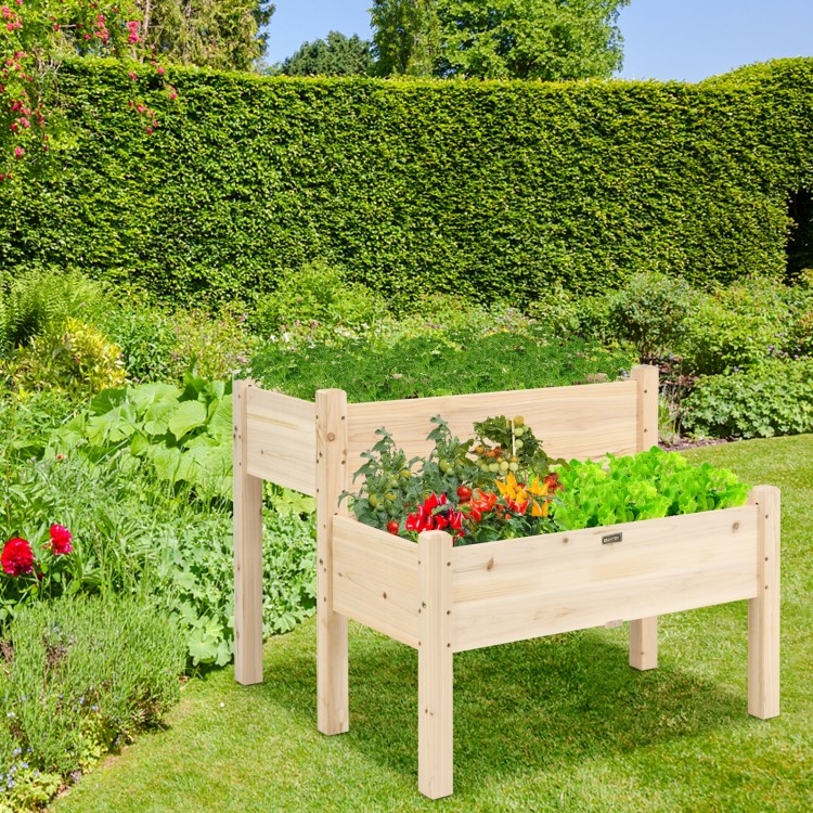 2-tier wooden elevated planter box made of fir wood, featuring drainage holes, ideal for flowers and vegetables in.