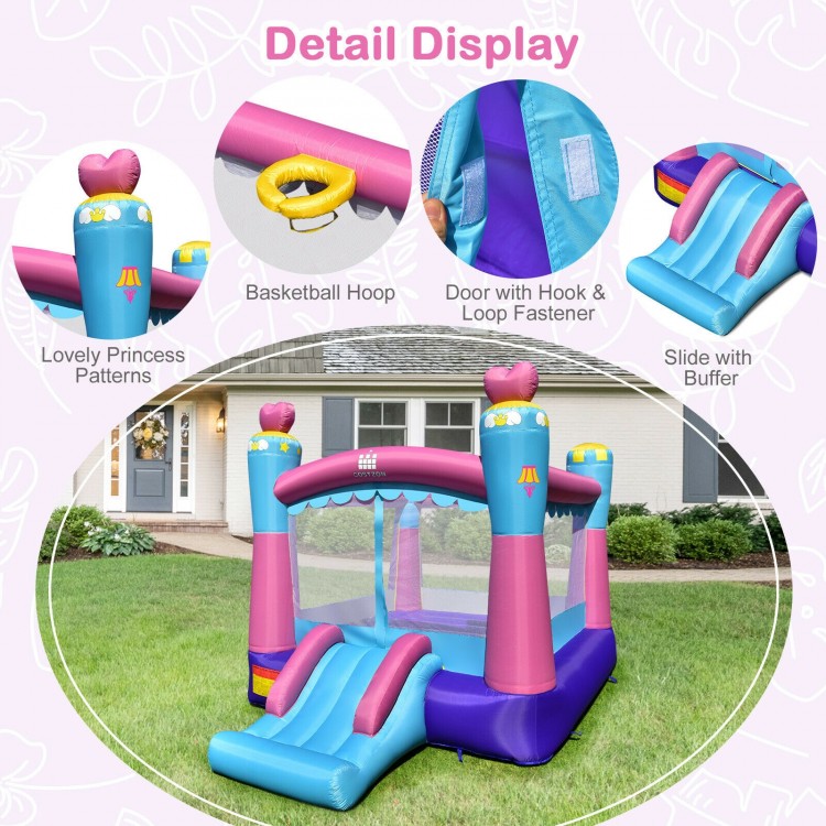 Princess theme inflatable castle with slide, basketball hoop, and mesh walls for safe outdoor fun for kids aged 3-10.