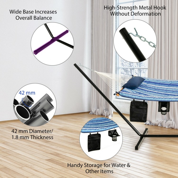 Hammock chair stand set features a stable steel frame, wide base, and handy storage for indoor or outdoor relaxation.