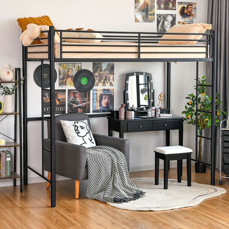 Twin loft bed frame in black with full-length guardrails and two ladders, featuring spacious under-bed storage.