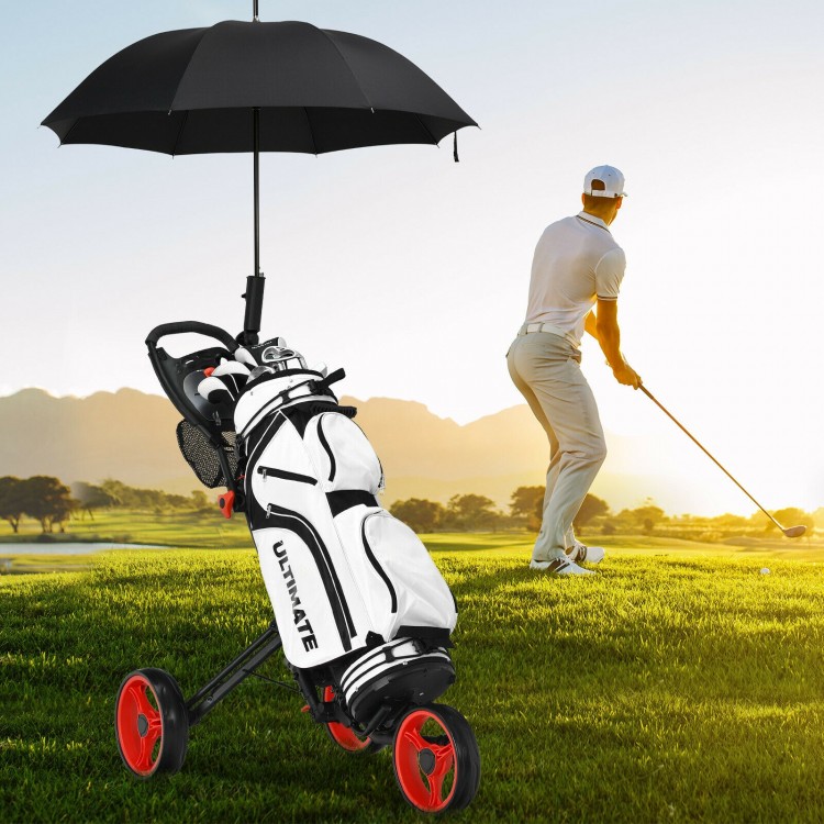 Folding 3 wheels golf push cart with adjustable handle and umbrella holder, designed for easy maneuverability on the.