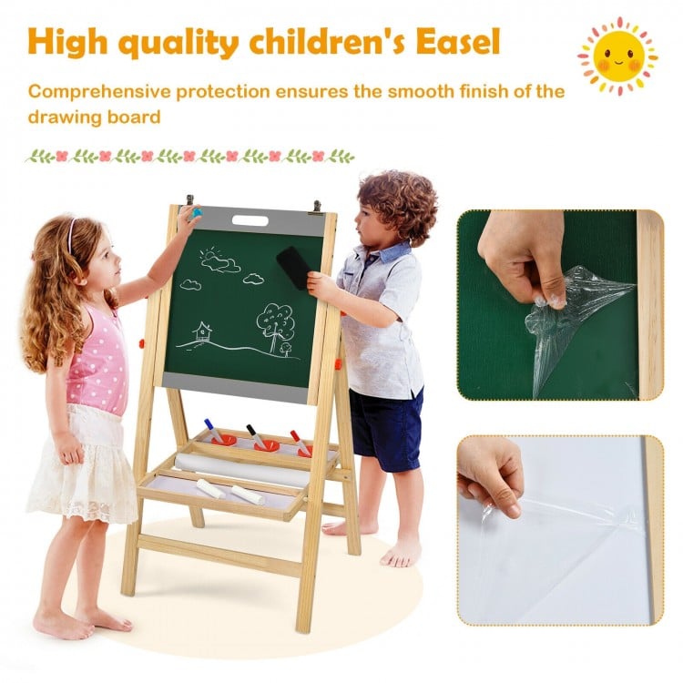 Kids art easel with a sturdy wooden frame and a 16.5 ft drawing paper roll, ideal for creative activities at home.