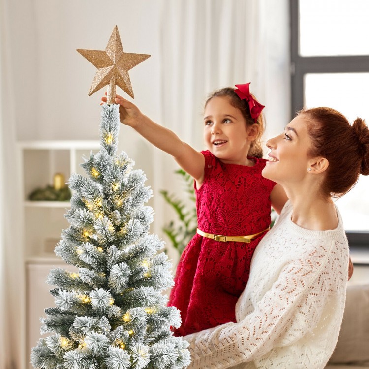 5 feet pre-lit Christmas tree with snow flocking, featuring 140 LED lights and a star topper, perfect for festive decor.
