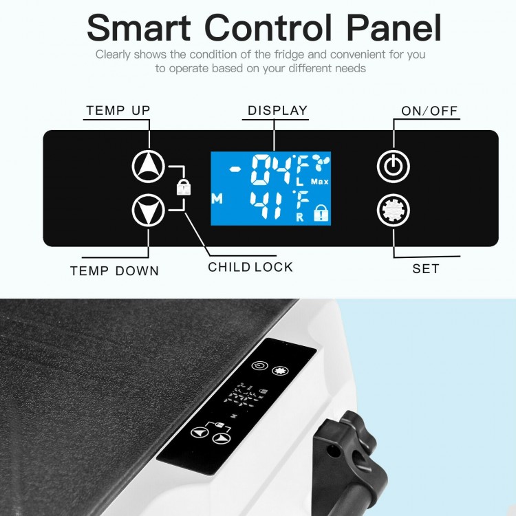 Smart control panel of the 58-quart portable car refrigerator with LED display for easy operation and temperature.