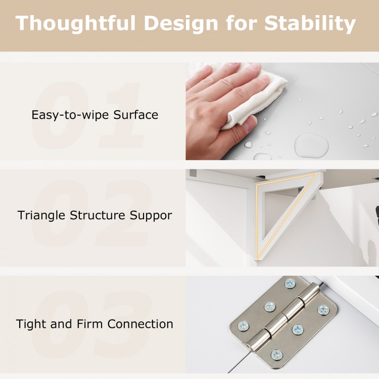 Wall-mounted drop-leaf table with easy-to-wipe surface and triangle support, ideal for small spaces and multifunctional.