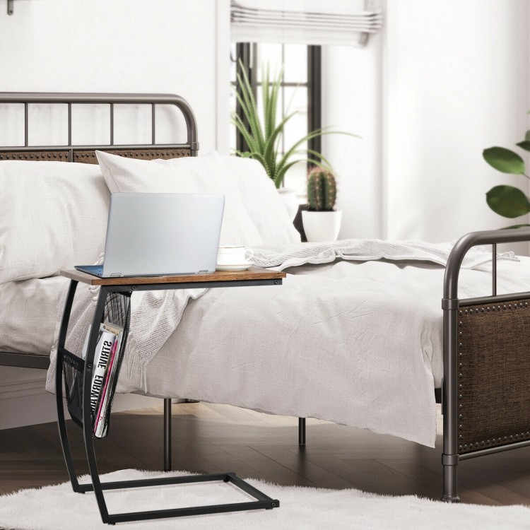 C-shaped vintage end table with side pocket and metal frame, perfect for bedside or sofa use in modern decor.