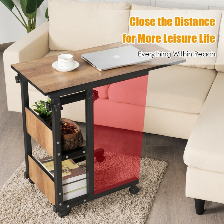 C-Shape mobile snack end table showing integrated storage shelves, adjustable height, and wheels for easy mobility in.