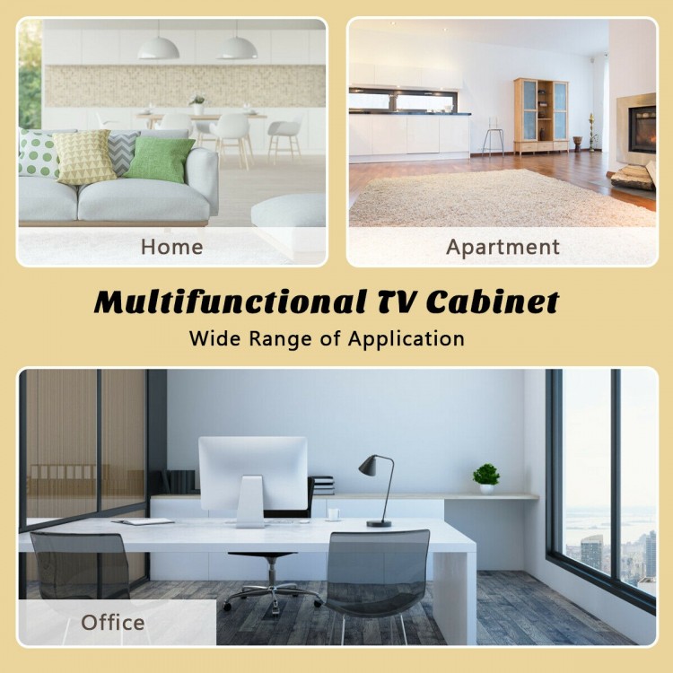 Multifunctional TV cabinet in walnut finish with 2-tier shelves and glass doors, ideal for living room or office use.