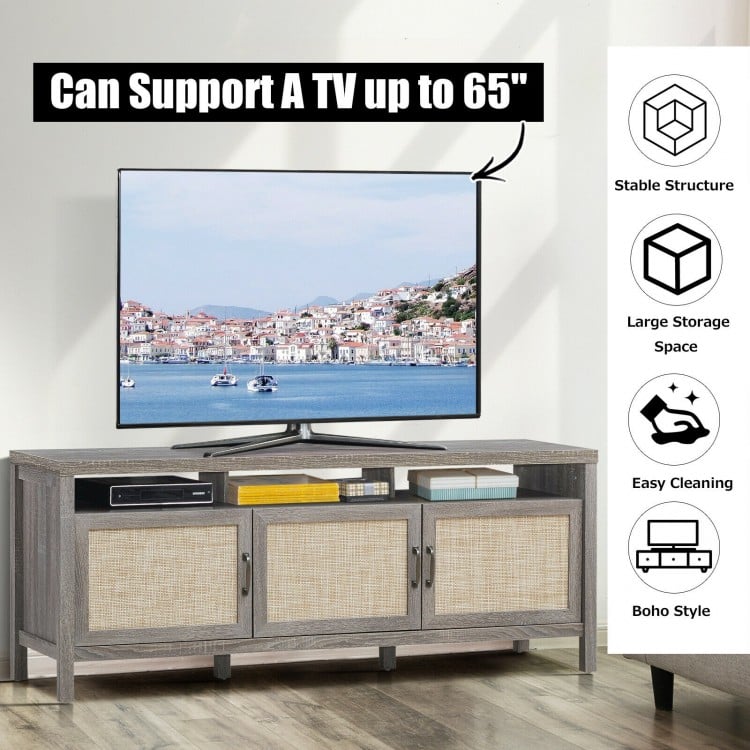 Gray universal TV stand with three cabinets and open shelf, supports TVs up to 65 inches, ideal for storage and display.