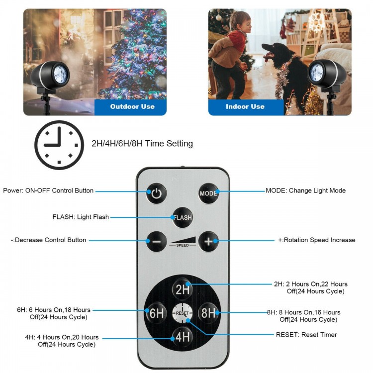 Outdoor waterproof Christmas snowflake LED projector lights with remote control, ideal for creating festive snow scenes.