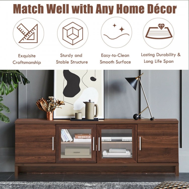 Media entertainment TV stand in walnut finish with adjustable shelves, designed for TVs up to 70 inches, perfect for.
