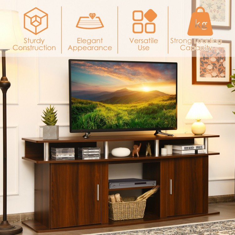 Walnut 63-inch TV entertainment console with 2 cabinets and open shelves, perfect for living room or bedroom use.