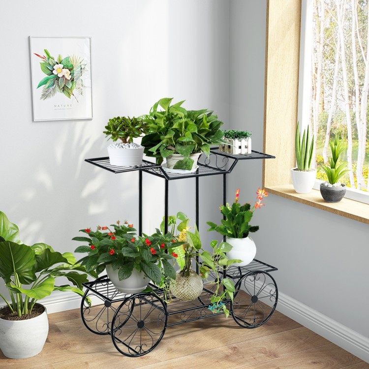 6-tier garden cart flower rack in black, showcasing potted plants indoors, perfect for decor and plant display.