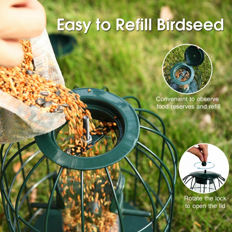 Birdseed being poured into a squirrel-proof caged tube wild bird feeder made of premium iron for outdoor use.