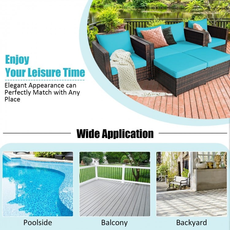 5-piece turquoise patio cushioned rattan furniture set arranged poolside, perfect for outdoor relaxation and gatherings.
