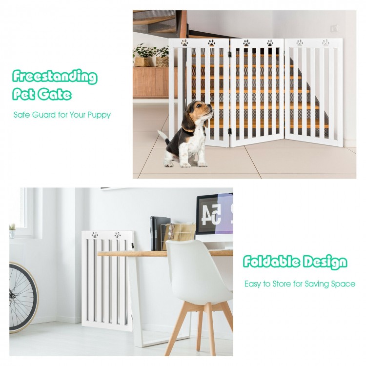 Freestanding wooden pet gate in white, 36 inches high, foldable design for easy storage and suitable for various spaces.