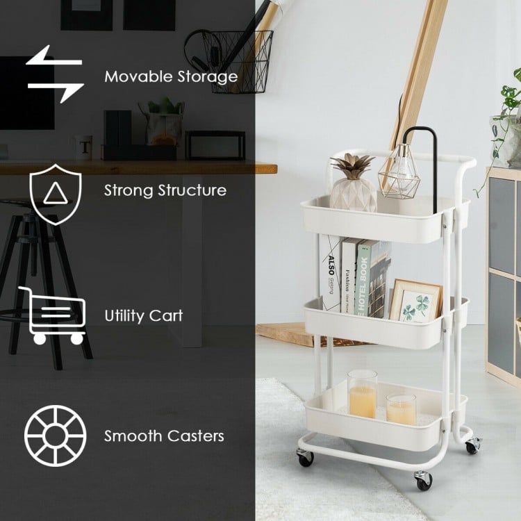3-tier white utility cart with smooth casters, ideal for versatile storage in kitchens, bathrooms, or living rooms.