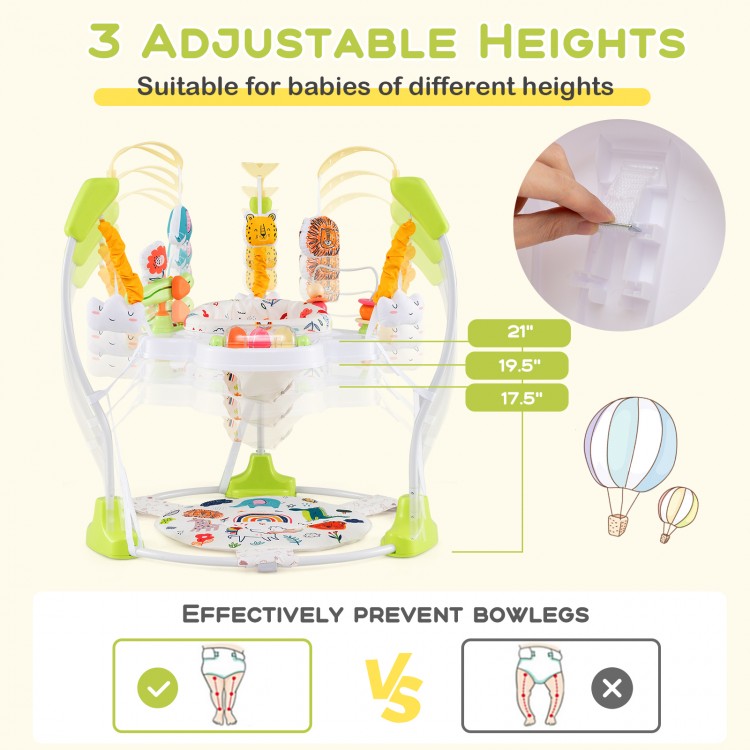 Baby activity center with adjustable heights, 360° rotating seat, and interactive toys for fun and development.