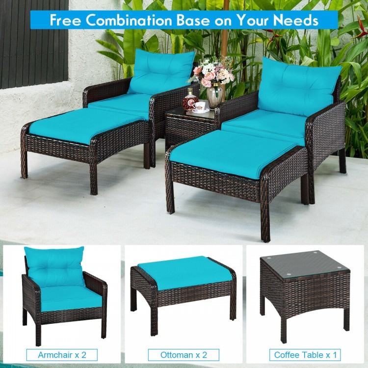 Turquoise cushioned rattan sofa set with 2 armchairs, 2 ottomans, and a glass-top coffee table for outdoor relaxation.