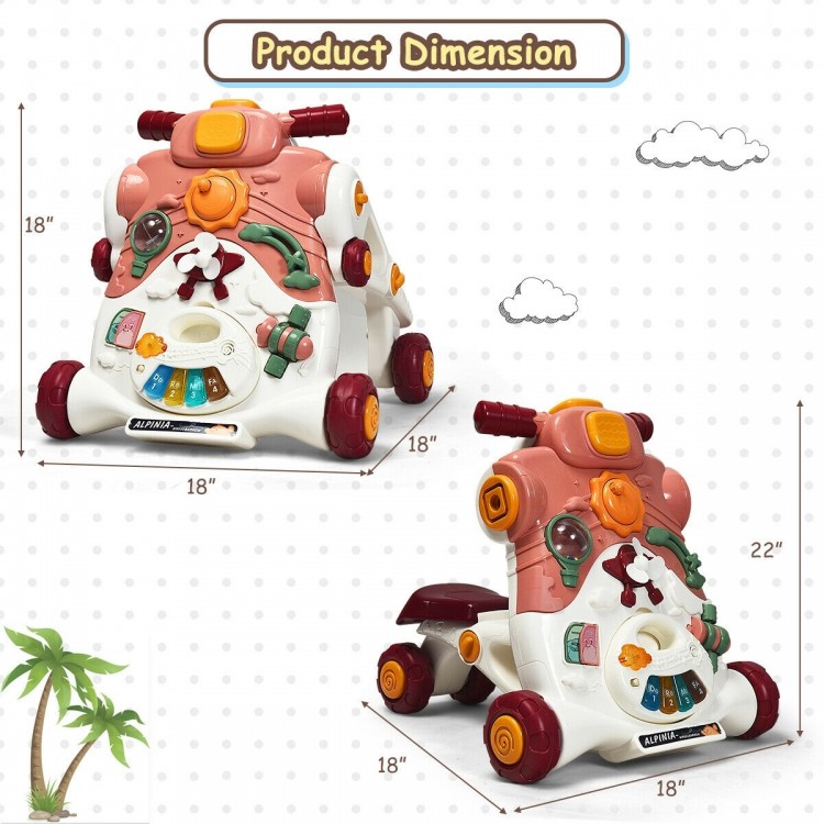 3-in-1 Baby Sit-to-Stand Walker in pink with music and lights, designed for fun and safe play for toddlers.