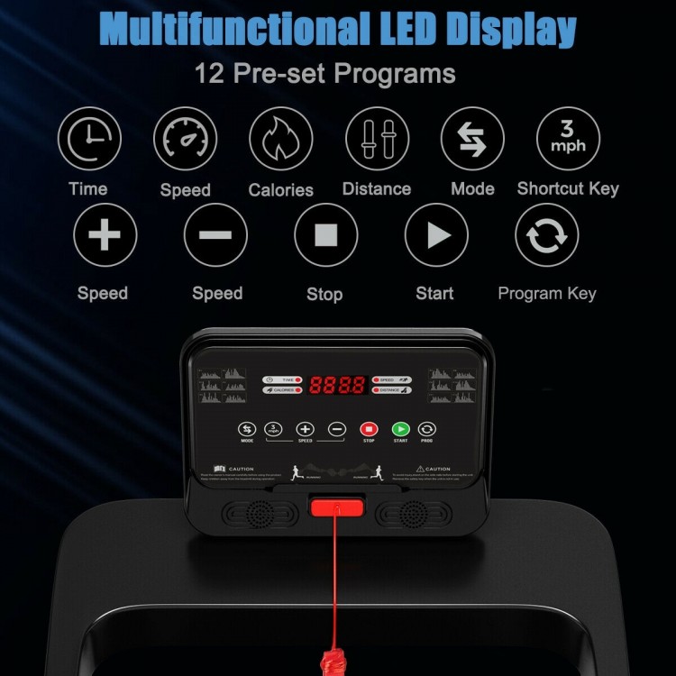Multifunctional LED display of the 2.25 HP Electric Treadmill showing speed, distance, and 12 preset programs for home.