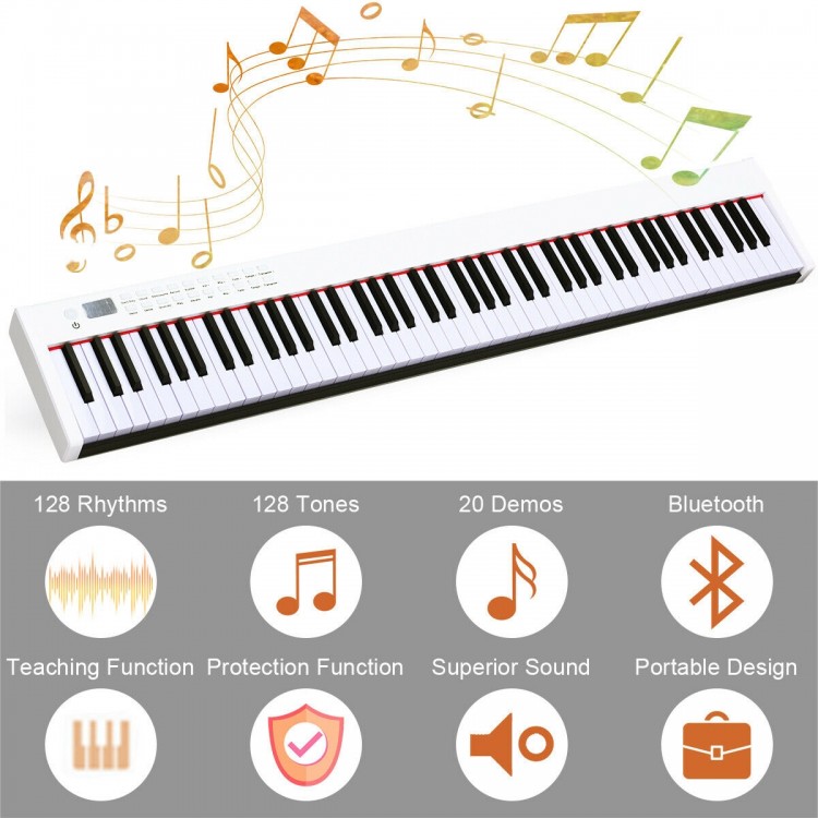Full-size 88-key portable digital piano in white with Bluetooth, teaching function, and two external speakers for.
