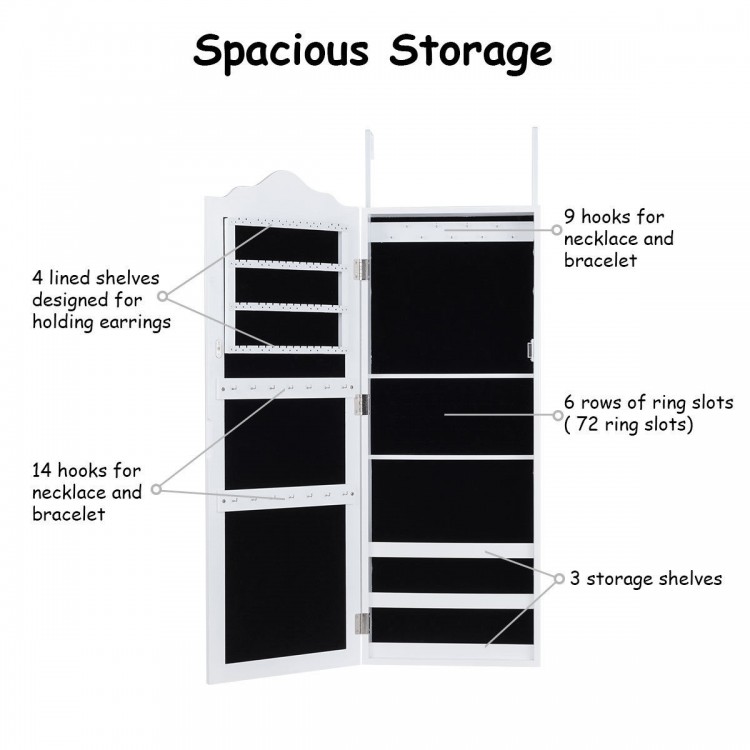 Wall-mounted mirrored jewelry armoire with 23 hooks, 72 ring slots, and 3 storage shelves for organized jewelry storage.