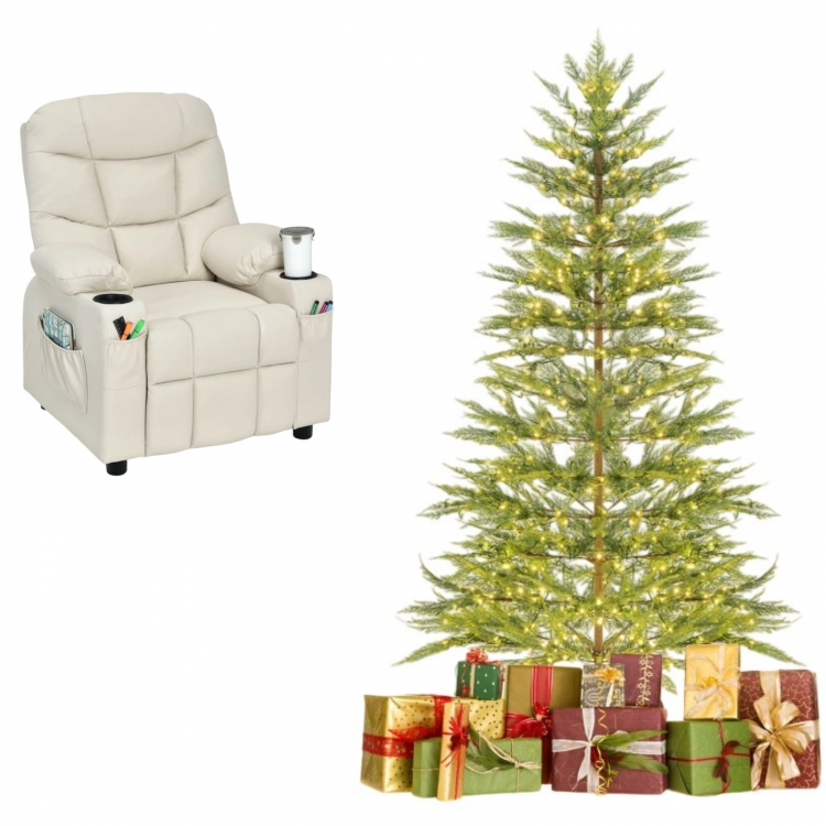 Beige kids recliner chair beside a 6.5FT pre-lit Christmas tree with 430 LED lights, perfect for holiday decor.