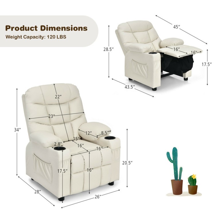 Beige kids recliner chair with cup holders, featuring dimensions for cozy holiday relaxation and comfort.