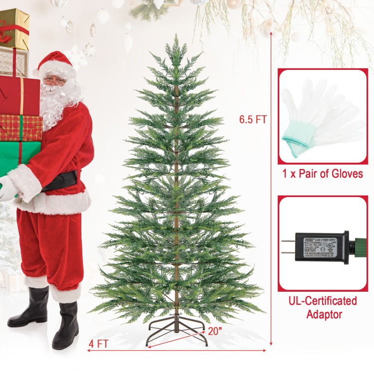 6.5FT pre-lit Christmas tree with 430 LED lights and a stable metal stand, perfect for festive holiday decor.