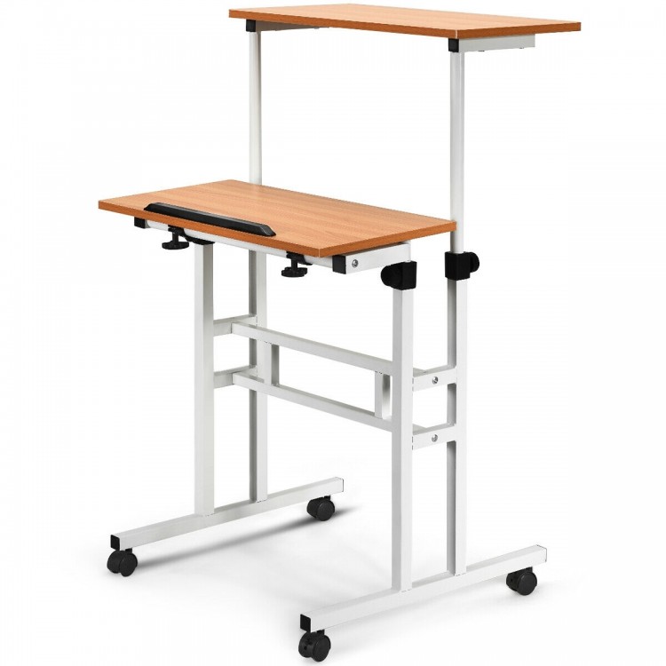 Height adjustable 2 in 1 sit-stand computer desk with split-top design, durable particleboard, and rolling wheels for.