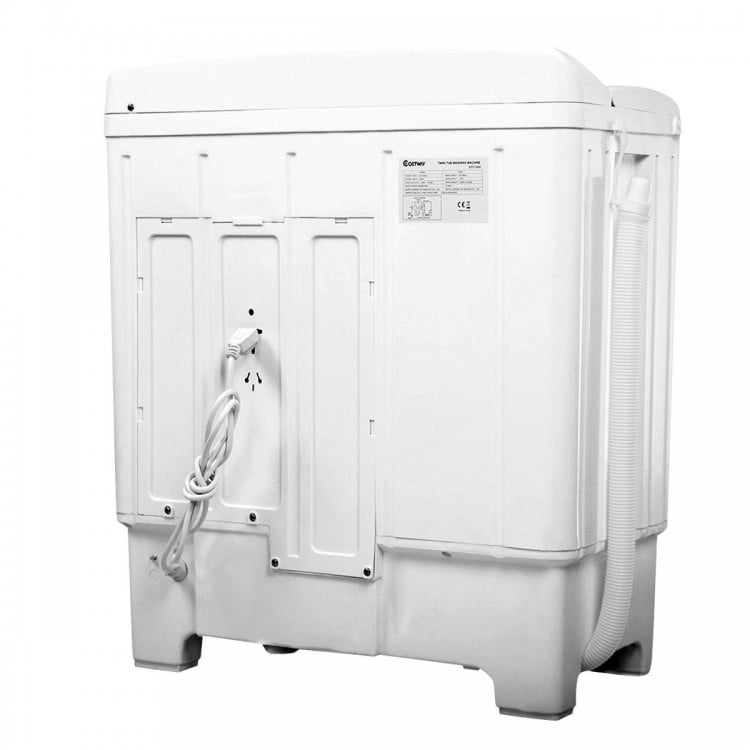 Compact twin tub washing machine with drainage tube, designed for home use, ideal for apartments and RVs.
