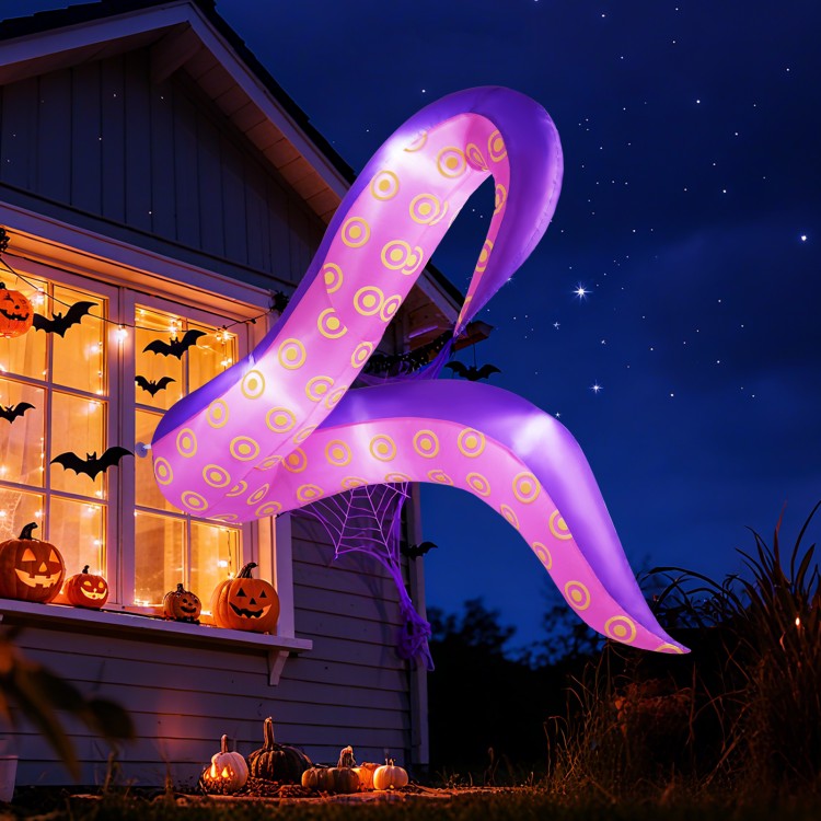 Giant 6.5 ft inflatable tentacles with LED lights, perfect for Halloween decoration, featuring suction cups for easy.